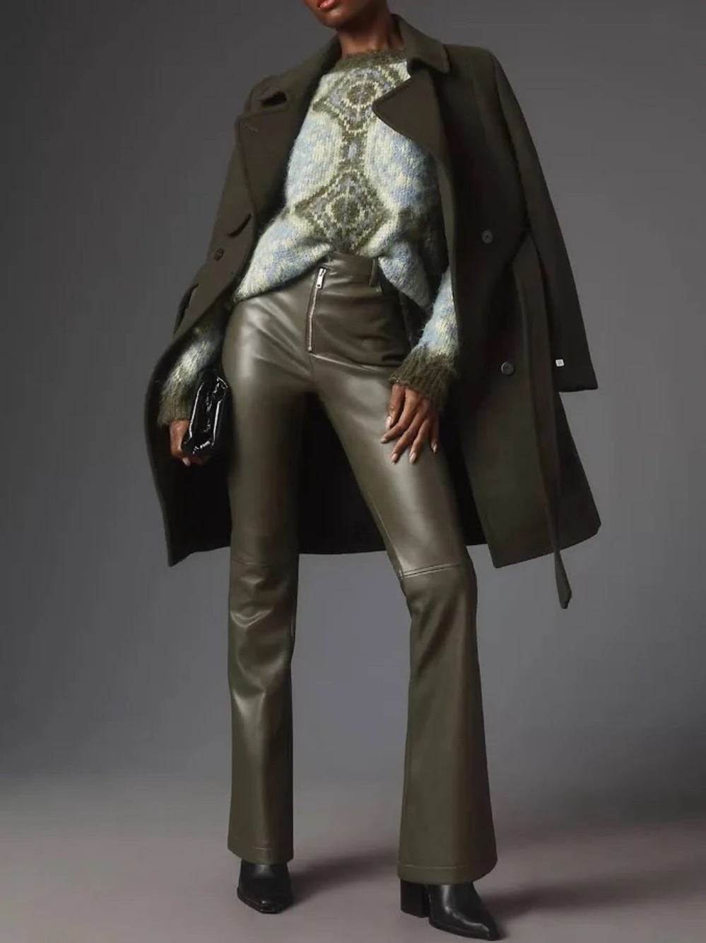 Avec Les Filles Faux Leather Kick Flare Pants S Dark Olive Brown